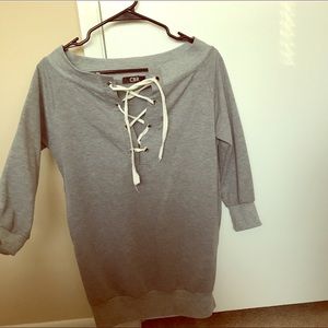 Grey Lace Up Off The Shoulder Oversized Top